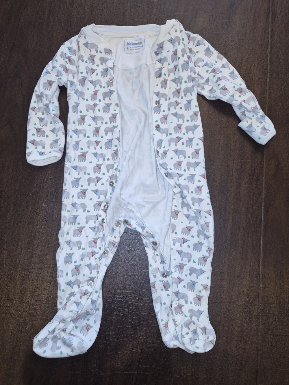 Jojo Maman Bebe Footed Creme One-Piece Onesie Gray Sheep Print Sz 6-12 Months